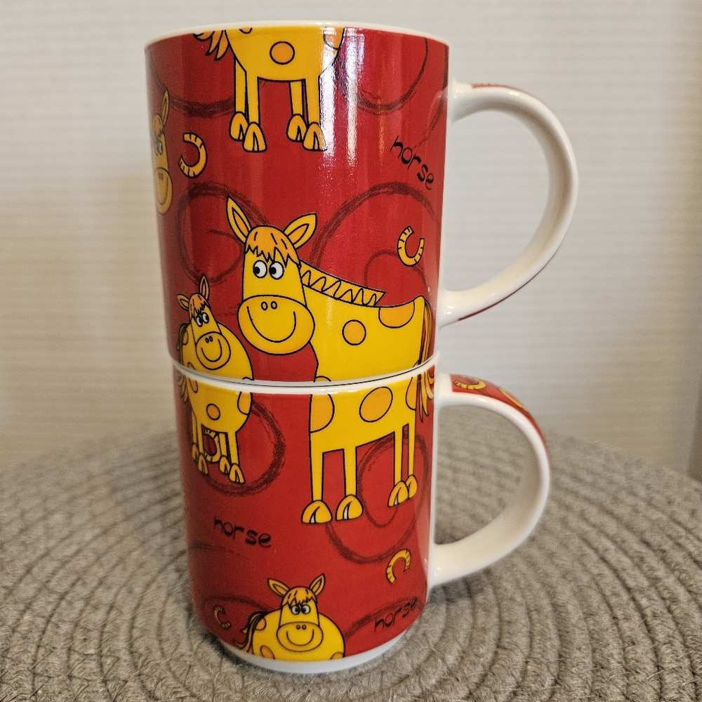 Maxwell Red Horse Print Porcelain Stacking Mugs